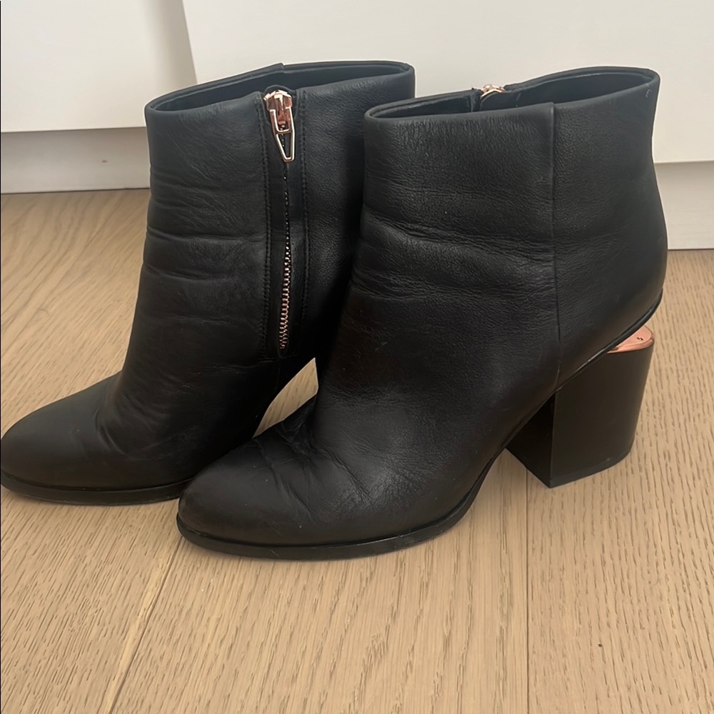 Alexander Wang Black ‘Gabi Calf’ Ankle Booties with Rose Gold Zipper